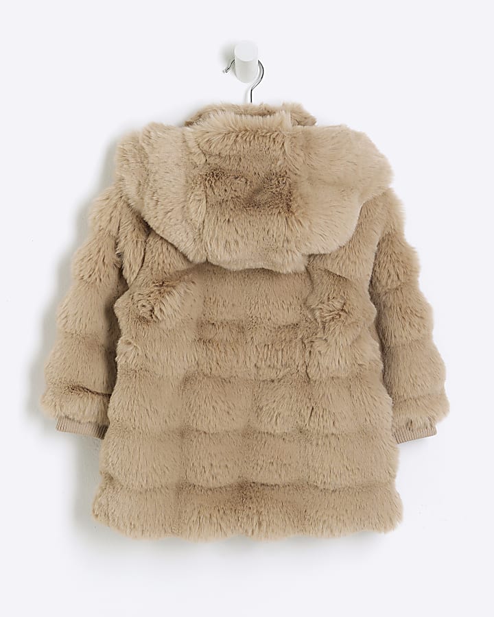 Mini girls beige faux fur hooded coat