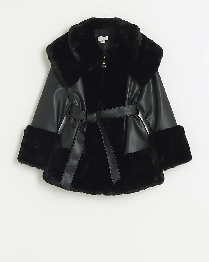 Black faux fur belted coat best sale