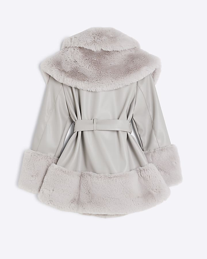 Girls Grey Faux Fur Belted Coat