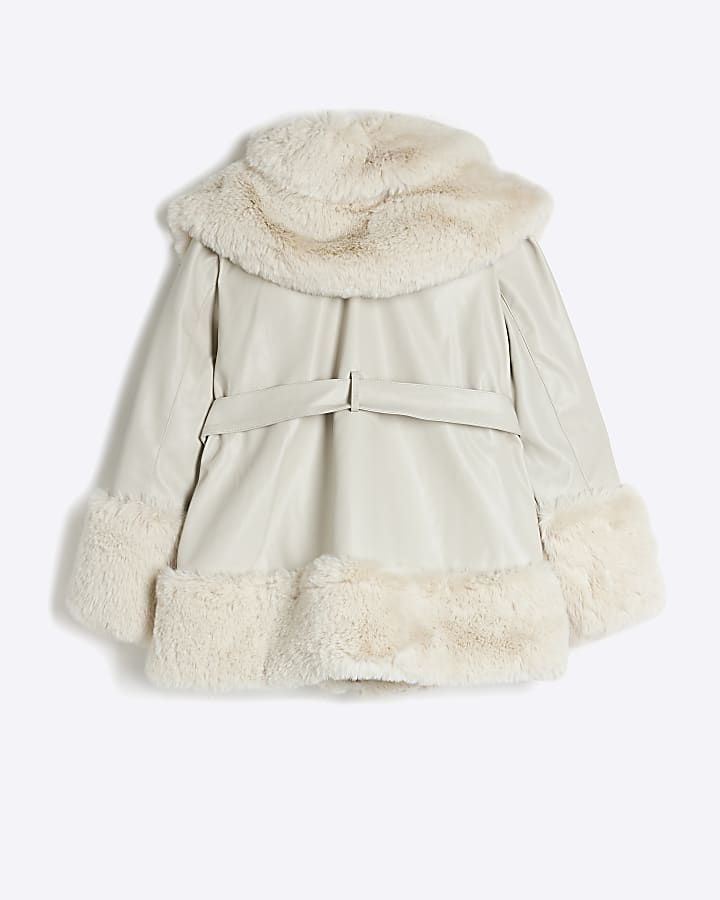 Girls Cream Faux Fur Belted Coat