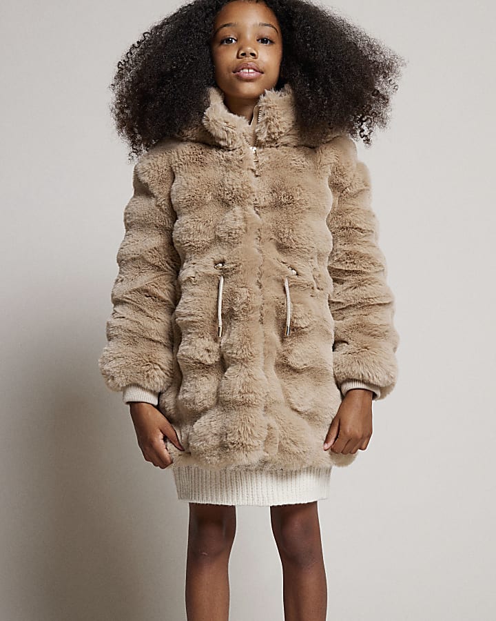 Girls Beige faux fur hooded coat