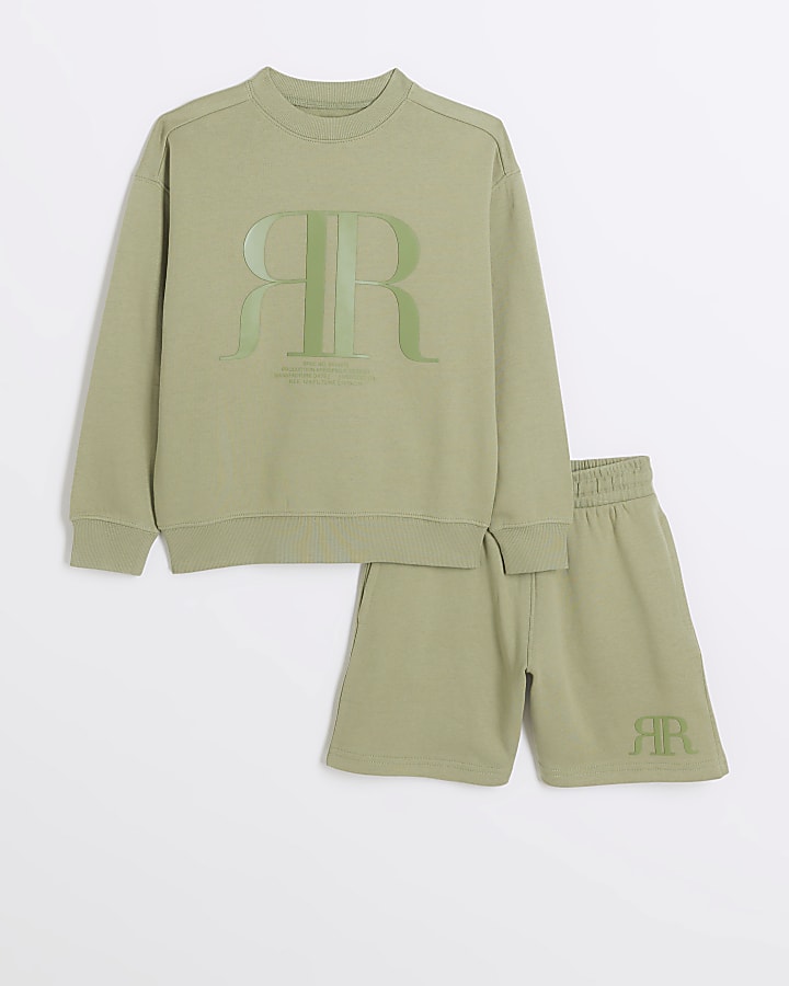 Boys khaki embossed RI sweatshirt set