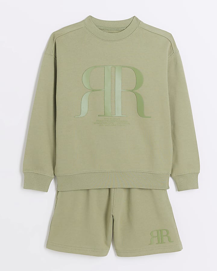 Boys khaki embossed RI sweatshirt set