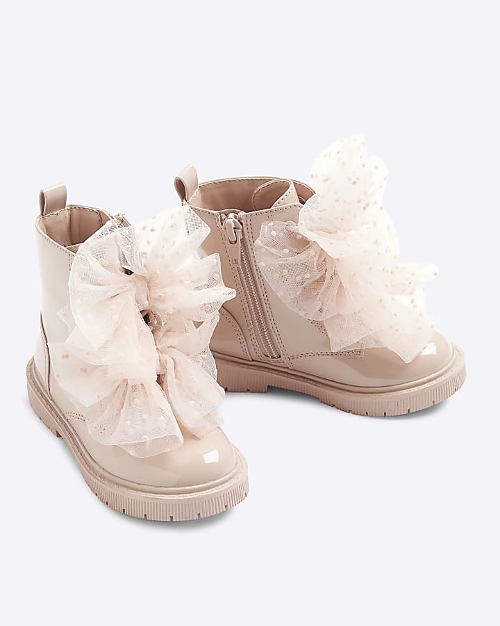 Mini girls Pink Patent Organza Lace Up Boots