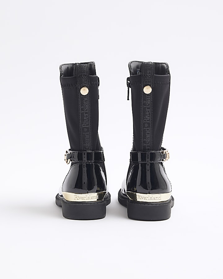 Mini girls Black Patent Knee High boots