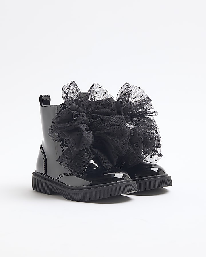 Mini girls Black Patent Lace Up Boots