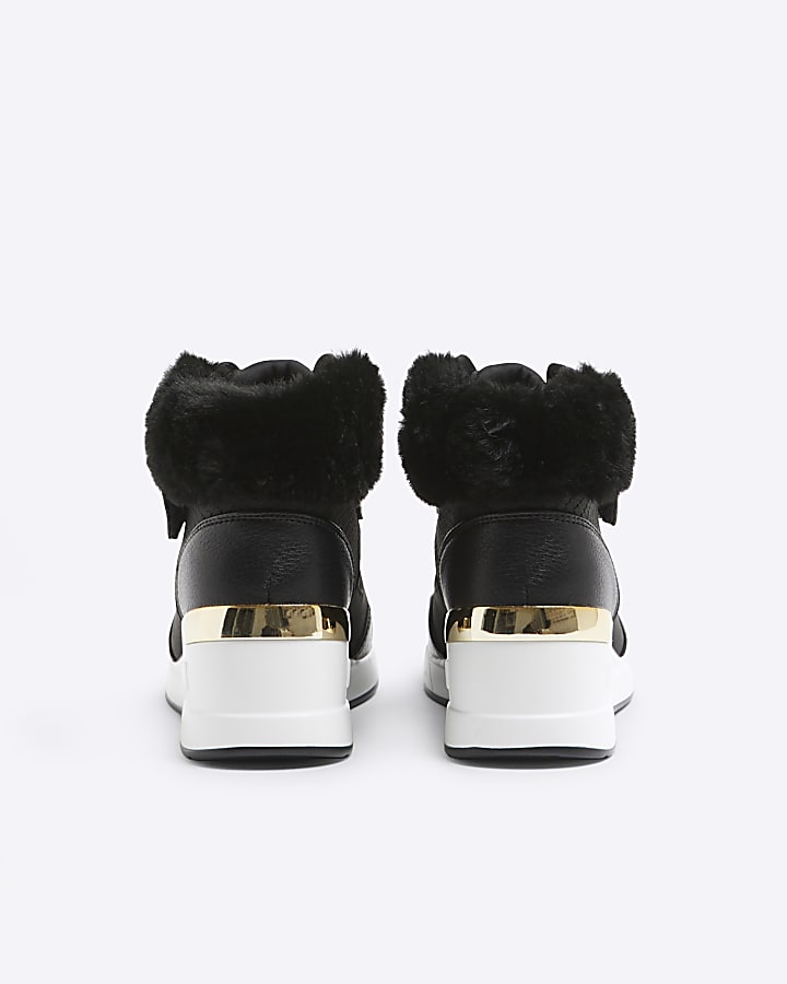 Girls Black Faux Fur Cuff Trainers