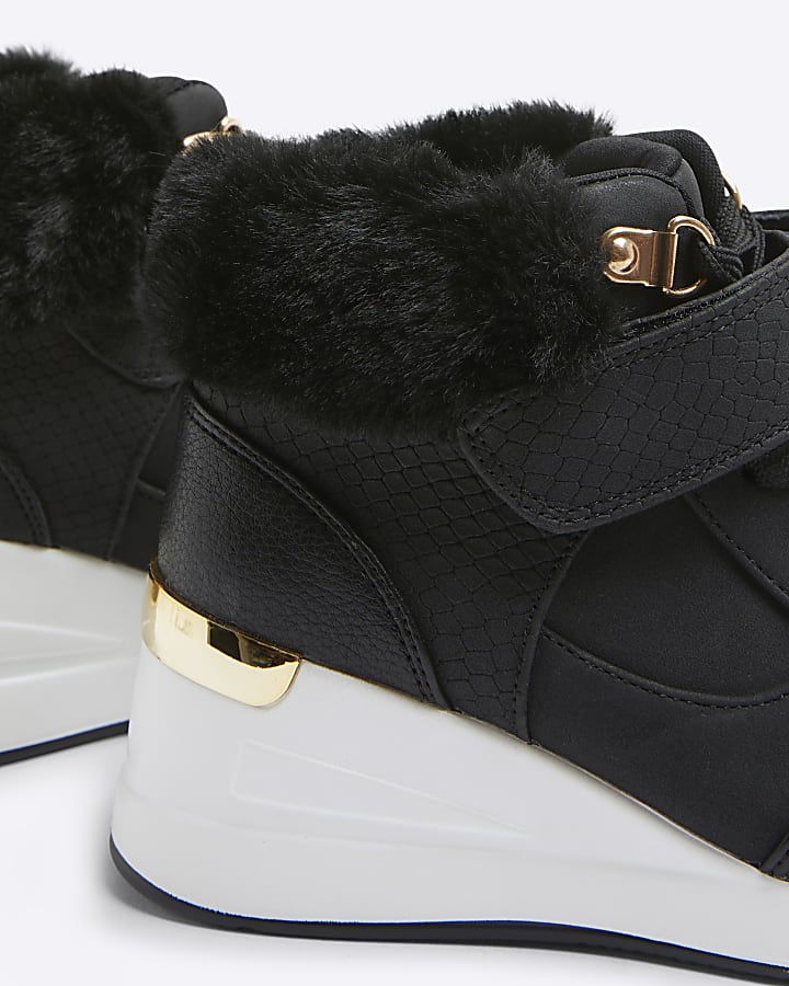 Girls Black Faux Fur Cuff Trainers