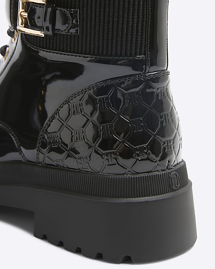 Girls Black Patent Lace Up Boots