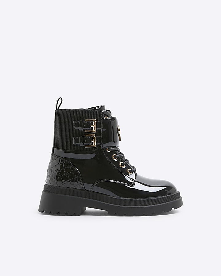 Girls Black Patent Lace Up Boots River Island