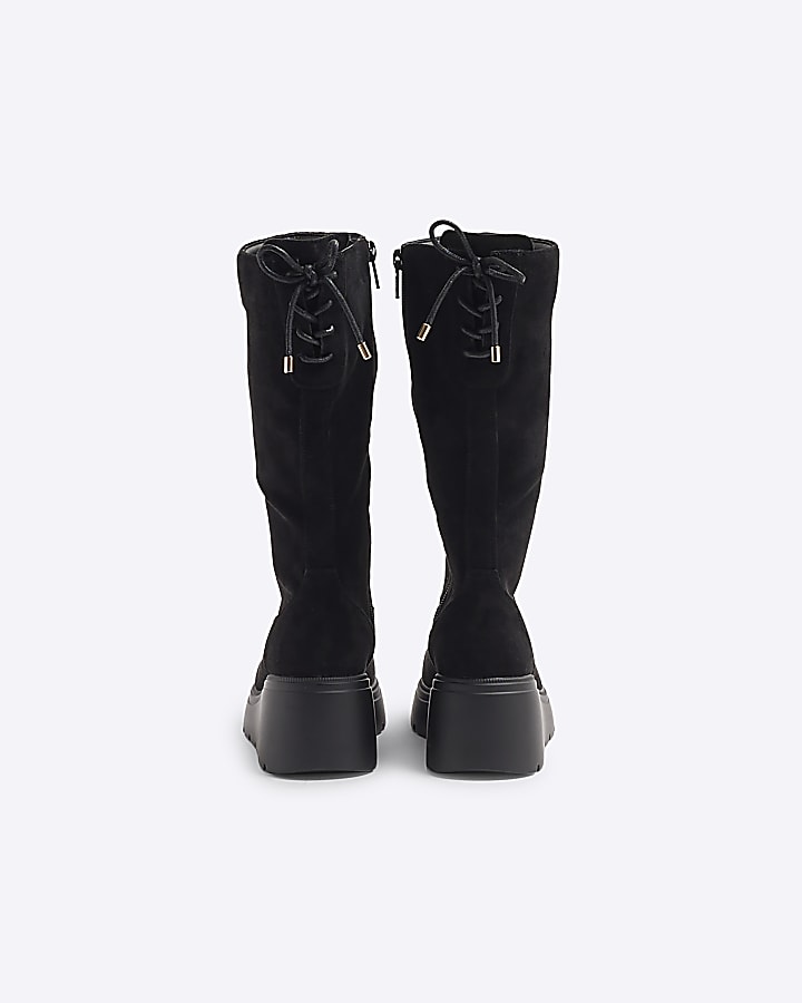 Girls Black Suedette Wedge Knee High Boots