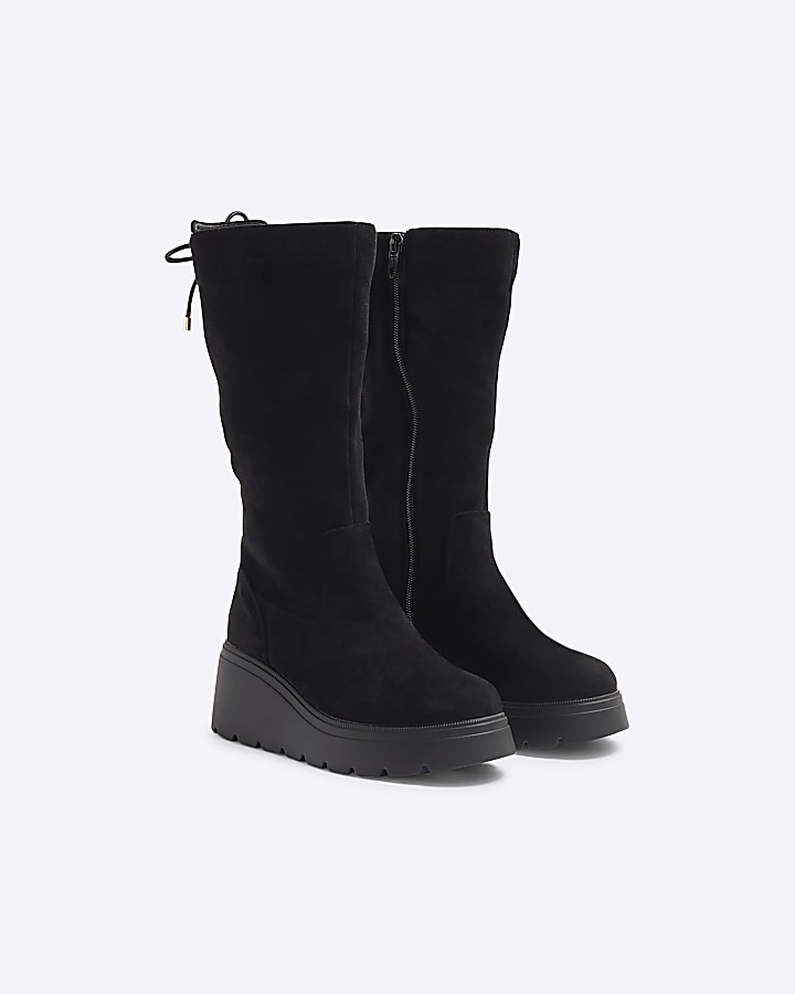 Girls Black Suedette Wedge Knee High Boots