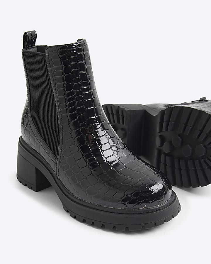 Girls Black Croc Heeled Boots