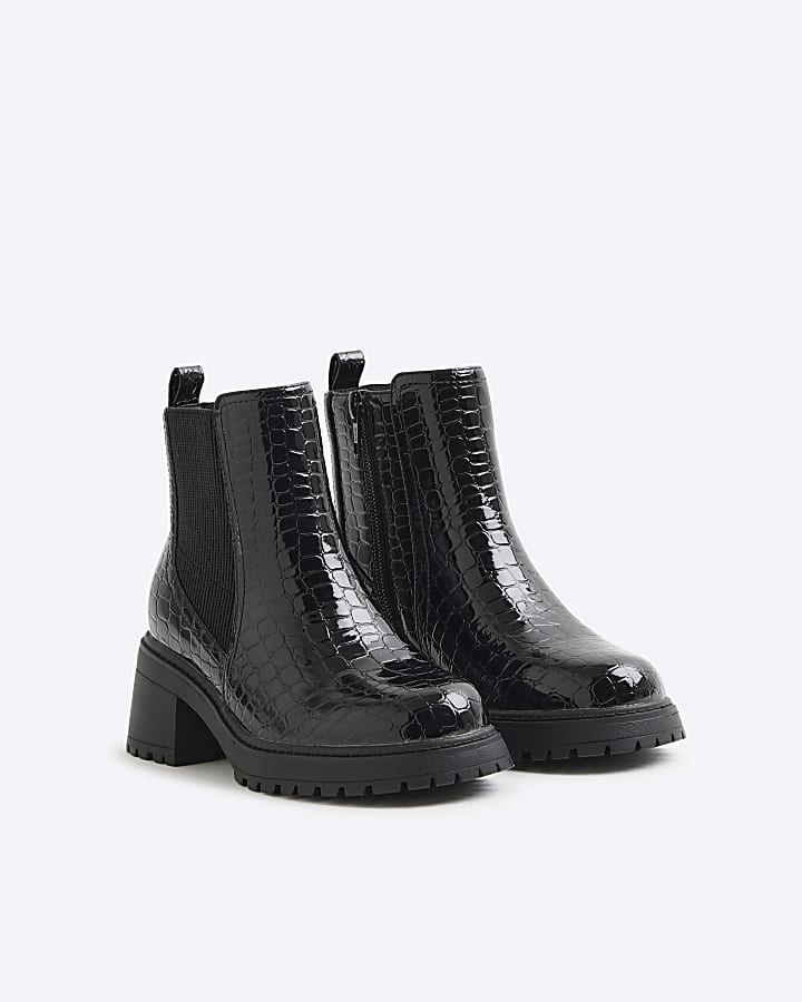 Girls Black Croc Heeled Boots