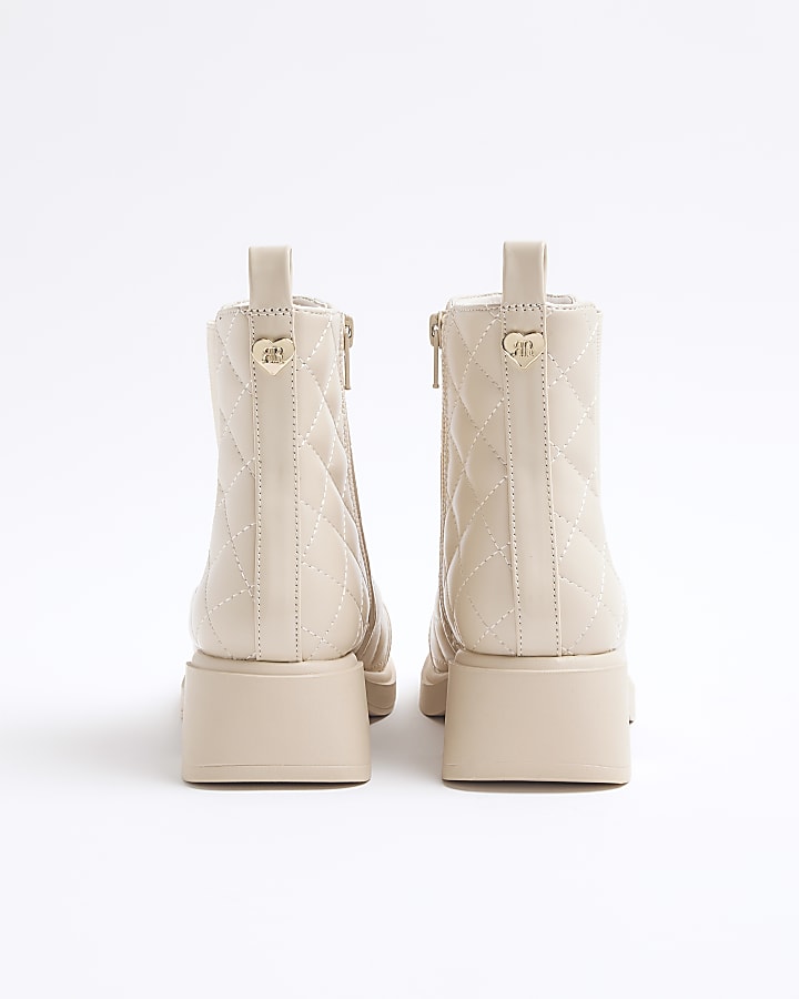 Girls Cream Quilted Square Heel Boots