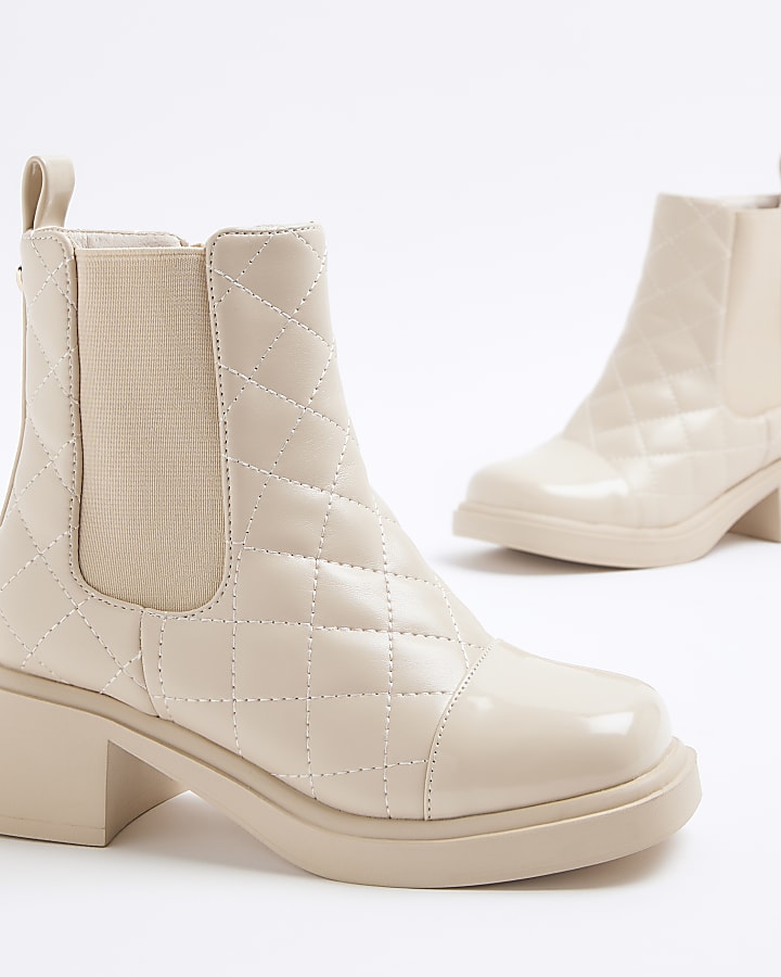 Girls Cream Quilted Square Heel Boots