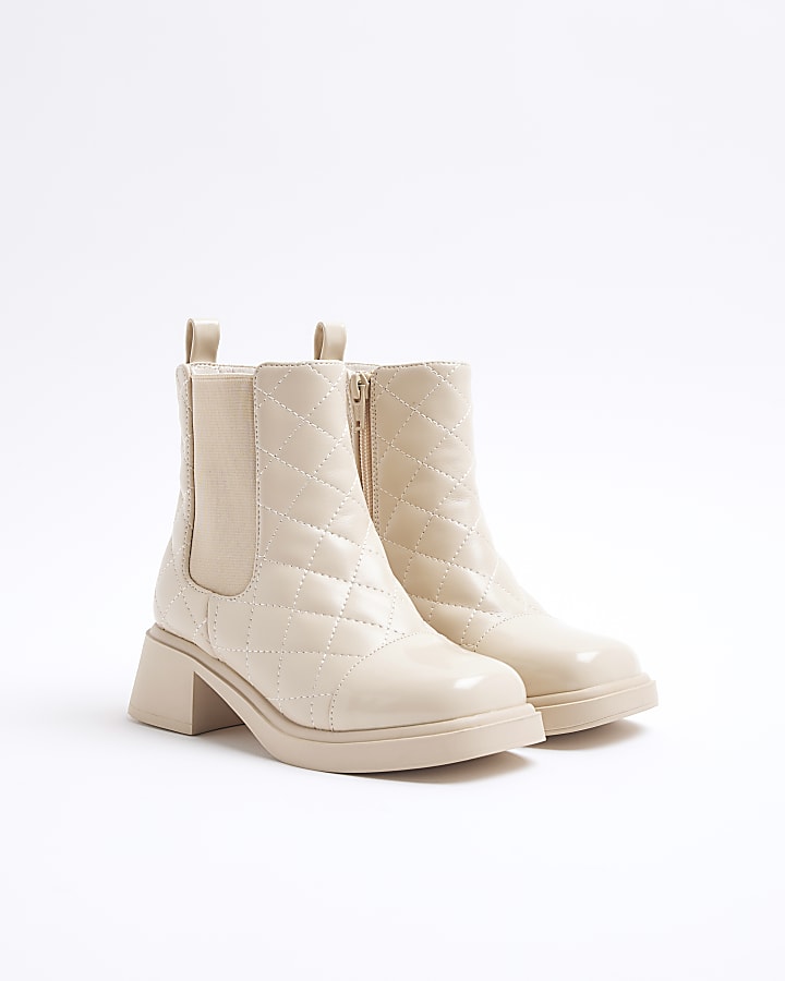 Girls Cream Quilted Square Heel Boots