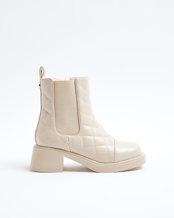 Girls Cream Quilted Square Heel Boots