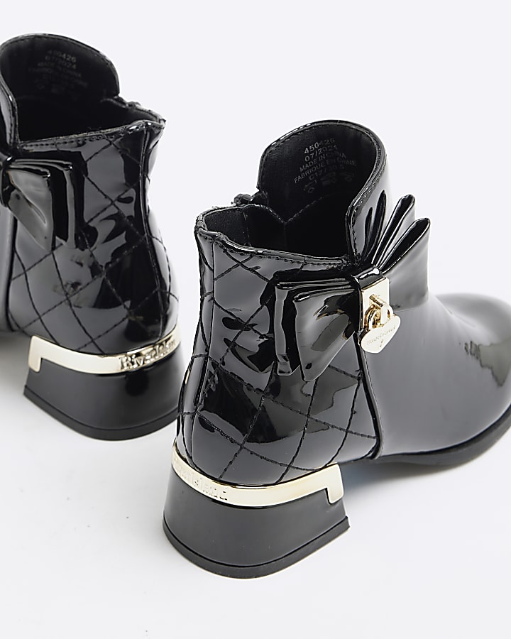 Girls Black Patent Bow Heeled Boots