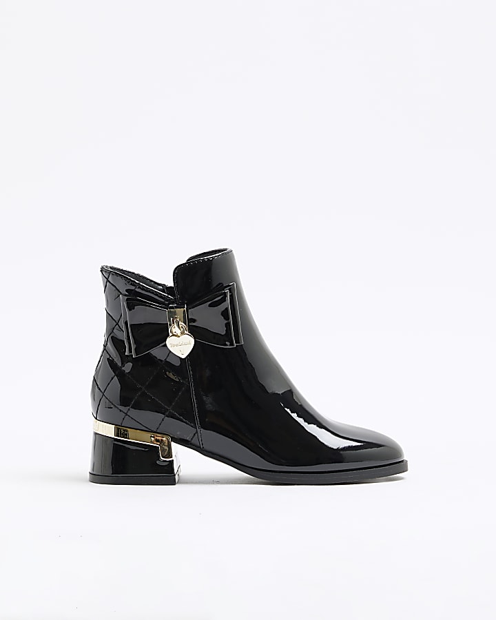 Girls Black Patent Bow Heeled Boots