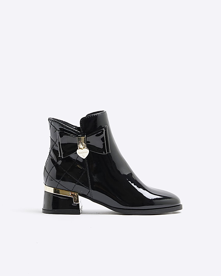 Girls Black Patent Bow Heeled Boots