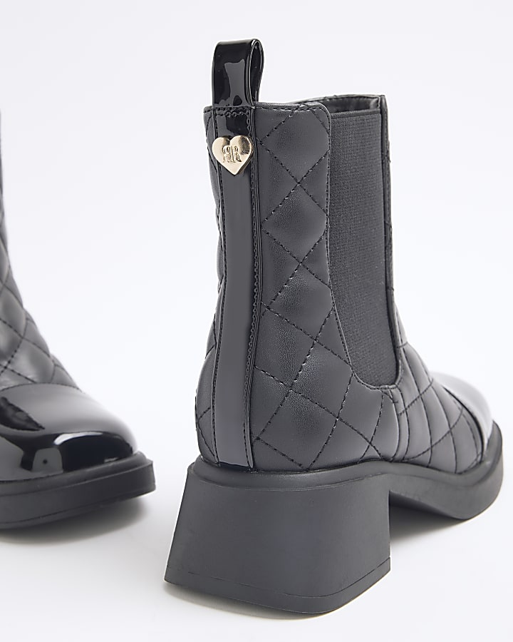 Girls Black Faux Leather Quilted Square Boot