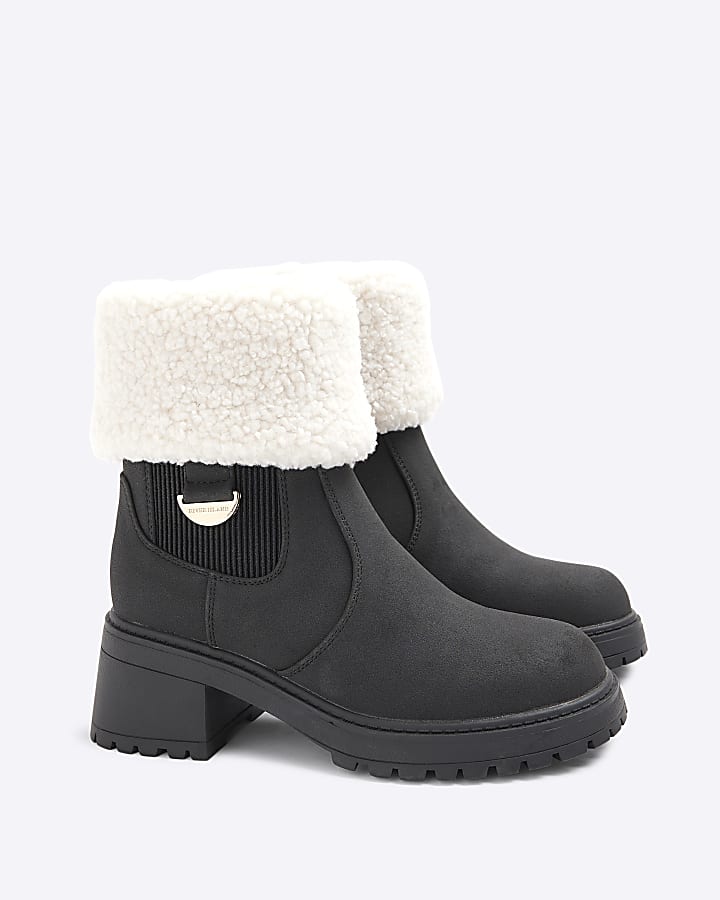 Girls Black Shearling Cuff Heeled Boots