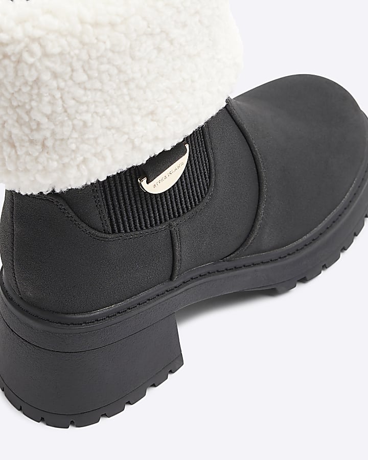 Girls Black Shearling Cuff Heeled Boots