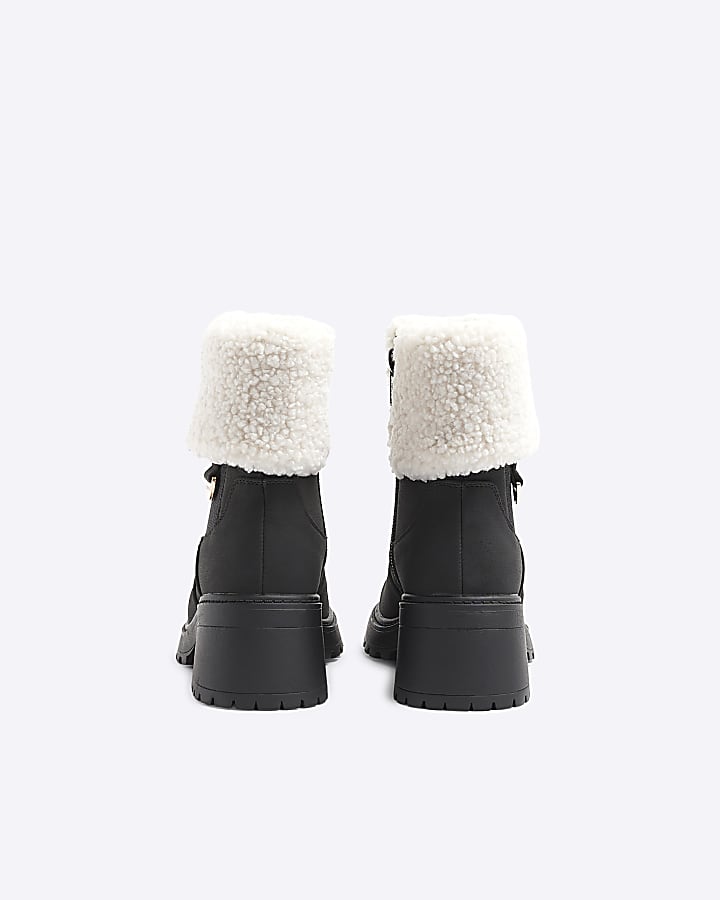 Girls Black Shearling Cuff Heeled Boots