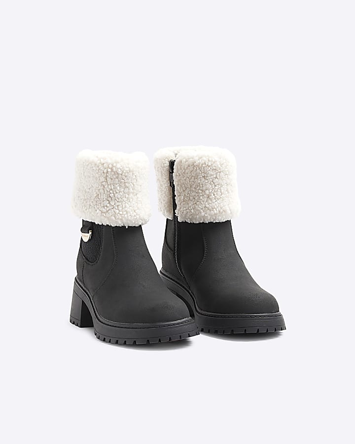 Girls Black Shearling Cuff Heeled Boots