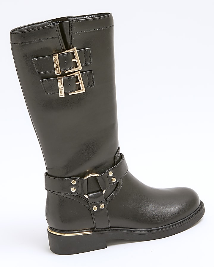 Girls black faux leather buckle biker boots