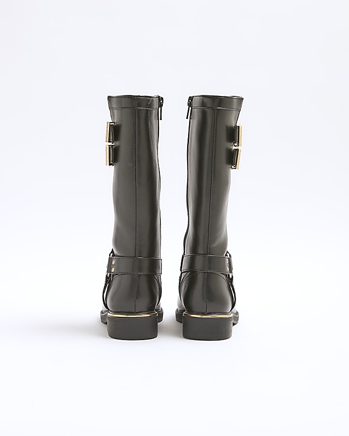 Girls black faux leather buckle biker boots
