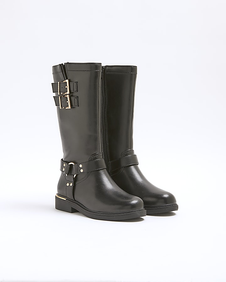 Girls black faux leather buckle biker boots