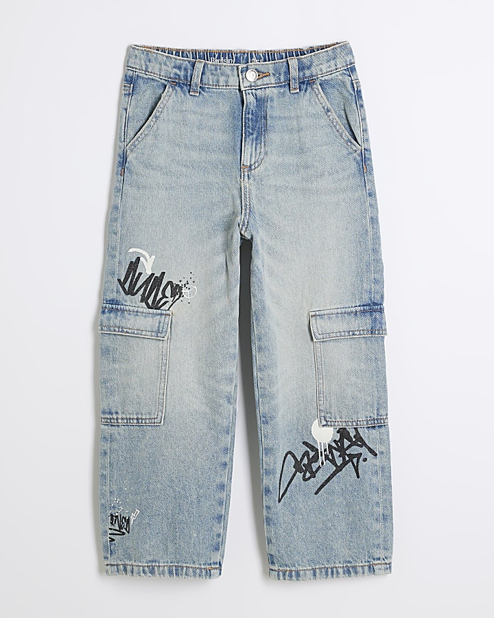 Boys Blue Graffiti Cargo Loose Jeans