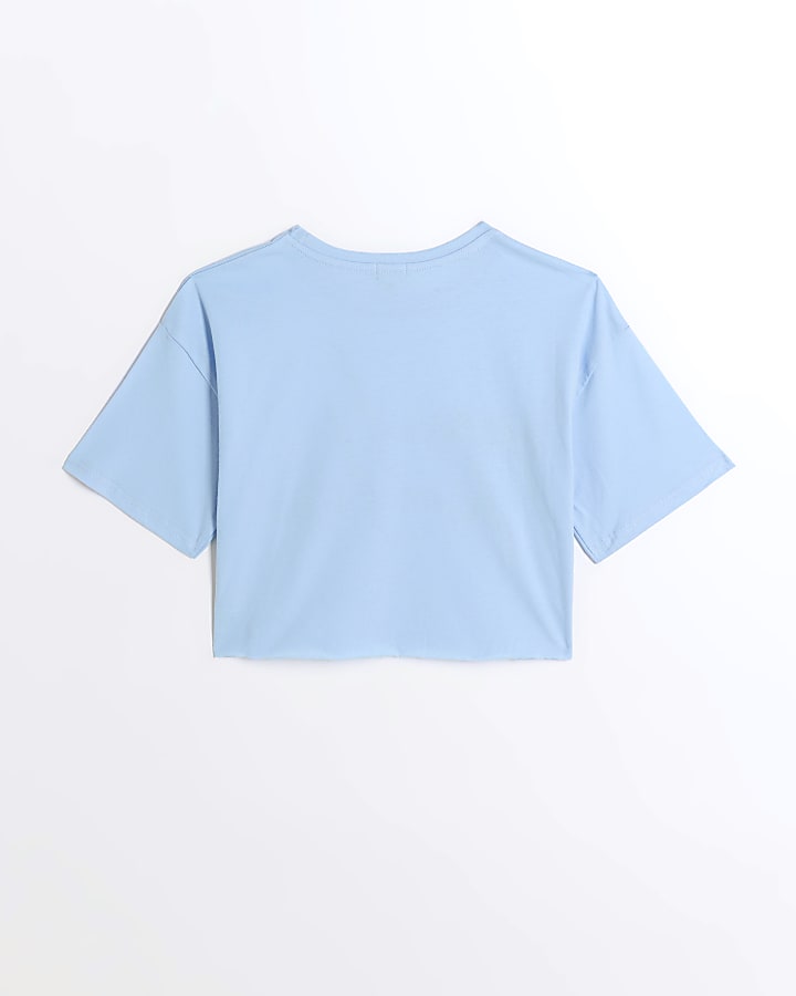 Girls blue diamante graphic crop t-shirt