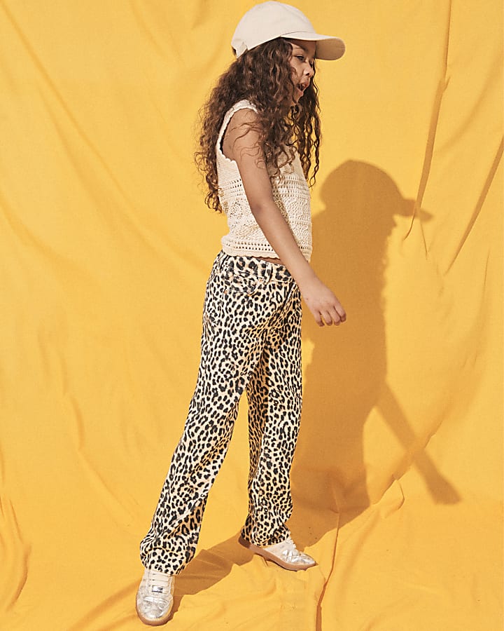 Girls brown leopard print straight jeans