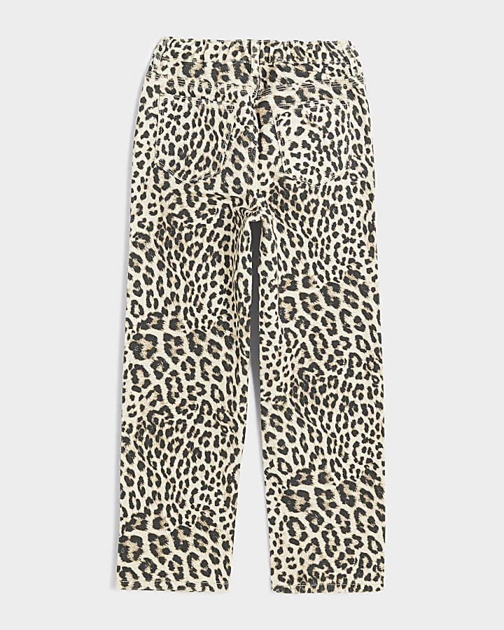 Girls brown leopard print straight jeans