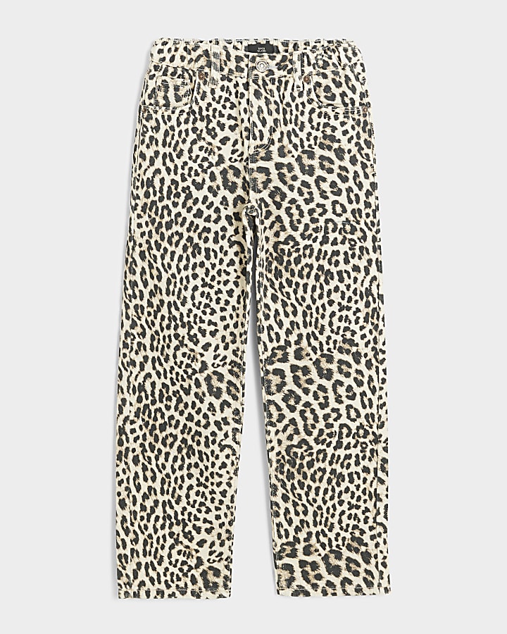 Girls brown leopard print straight jeans