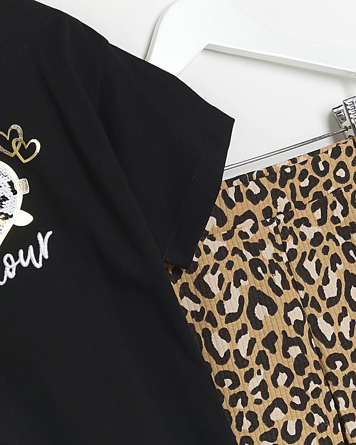 Mini Girls Black Leopard Print T-Shirt Set