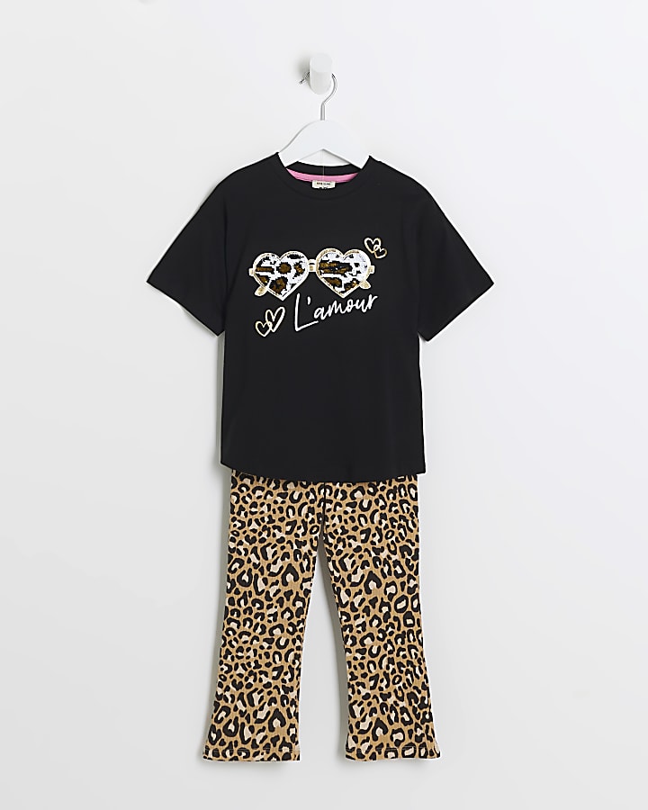 Mini Girls Black Leopard Print T-Shirt Set