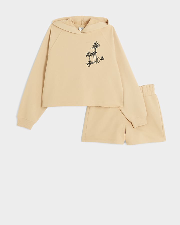 Girls beige safari print hoodie and short set