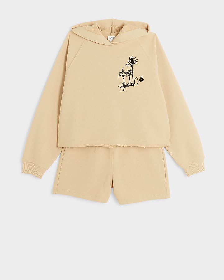 Girls beige safari print hoodie and short set