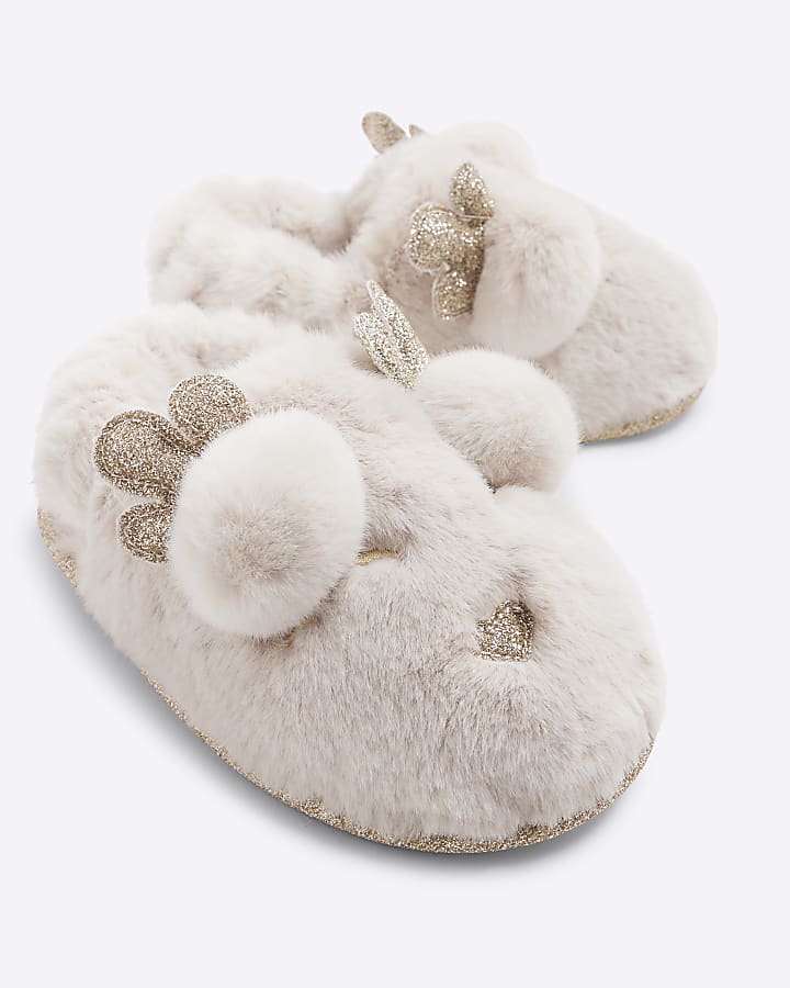 Mini Girls Cream Fur Reindeer Slippers