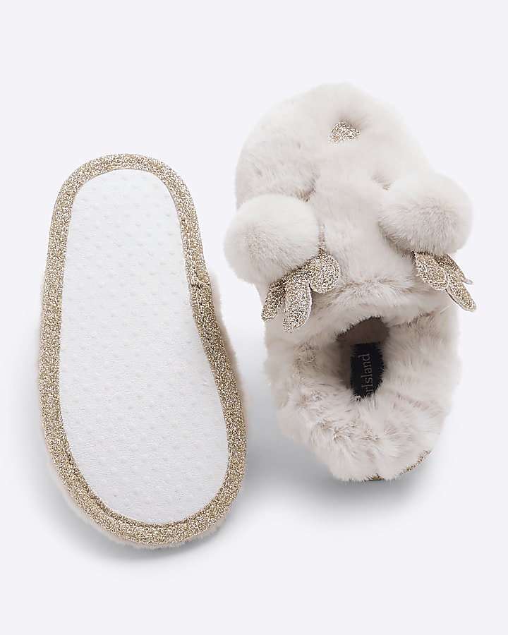 Mini Girls Cream Fur Reindeer Slippers