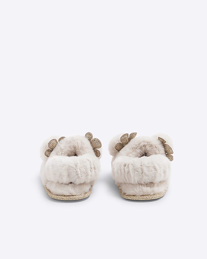 Mini Girls Cream Fur Reindeer Slippers