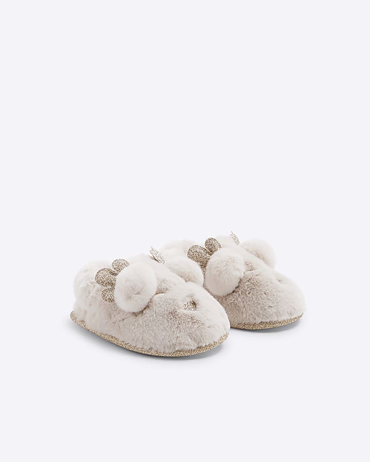 Mini Girls Cream Fur Reindeer Slippers