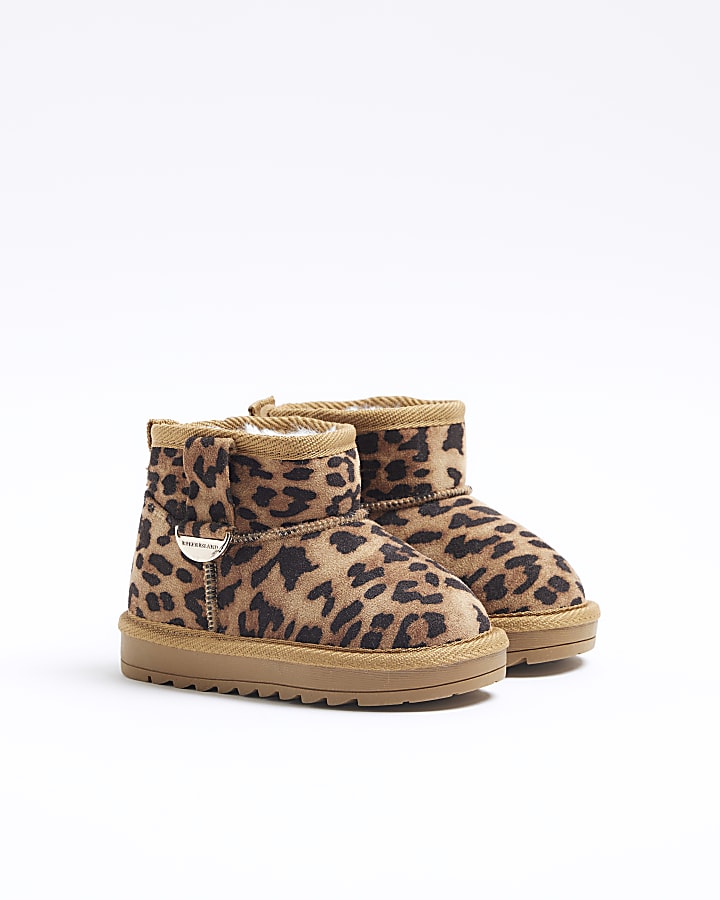 Mini girls brown suedette leopard boots