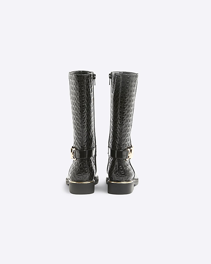 Girls Black Buckle Knee High Boots