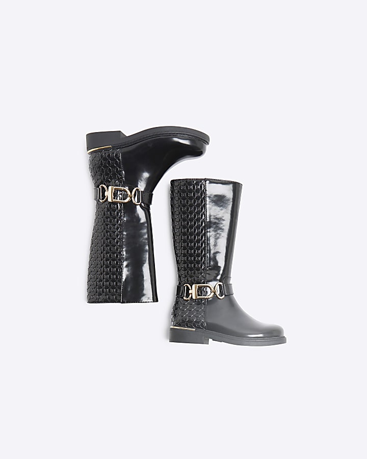 Girls Black Buckle Knee High Boots