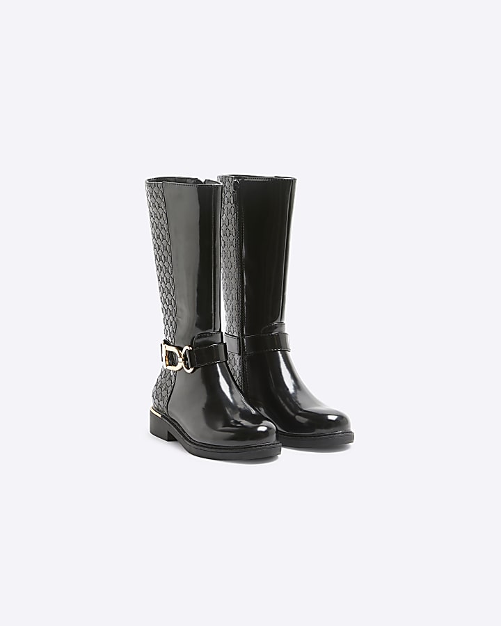 Girls Black Buckle Knee High Boots